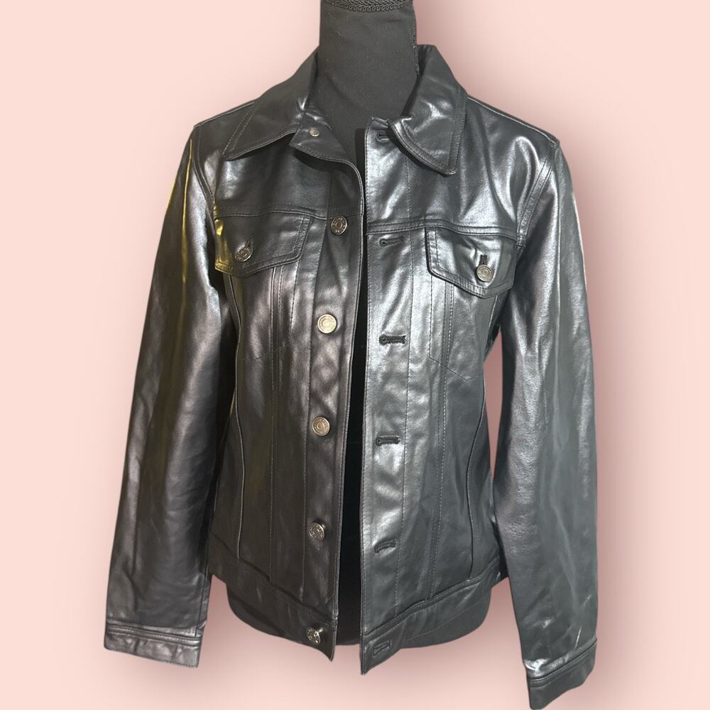 Vtg Ralph Lauren Leather Jacket Womens MEDIUM Trucker 90s Y2K Biker Navy Blue